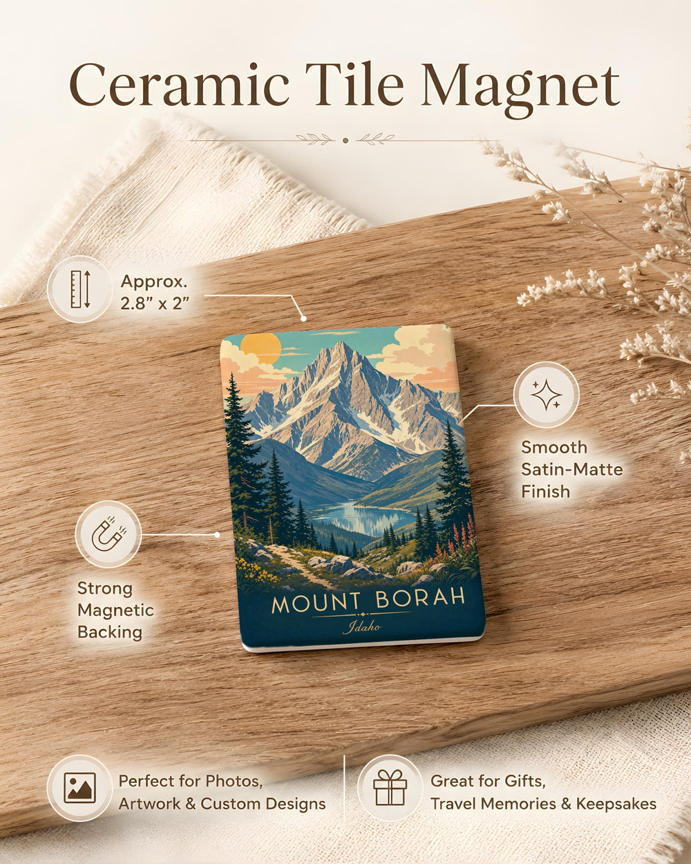 Mount Borah Idaho Fridge Magnet, Mount Borah Peak Souvenir Magnet, Sawtooth Mountains Travel Keepsake Magnet