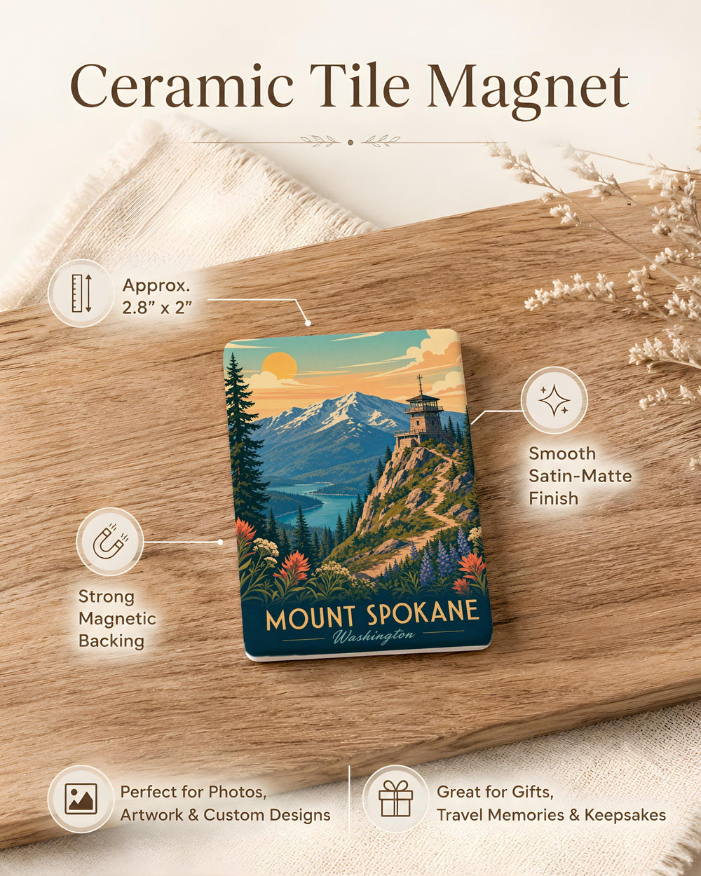 Mount Spokane Fridge Magnet, Washington Mountain Souvenir, Scenic Peak Travel Keepsake, Outdoor Hiking Gift