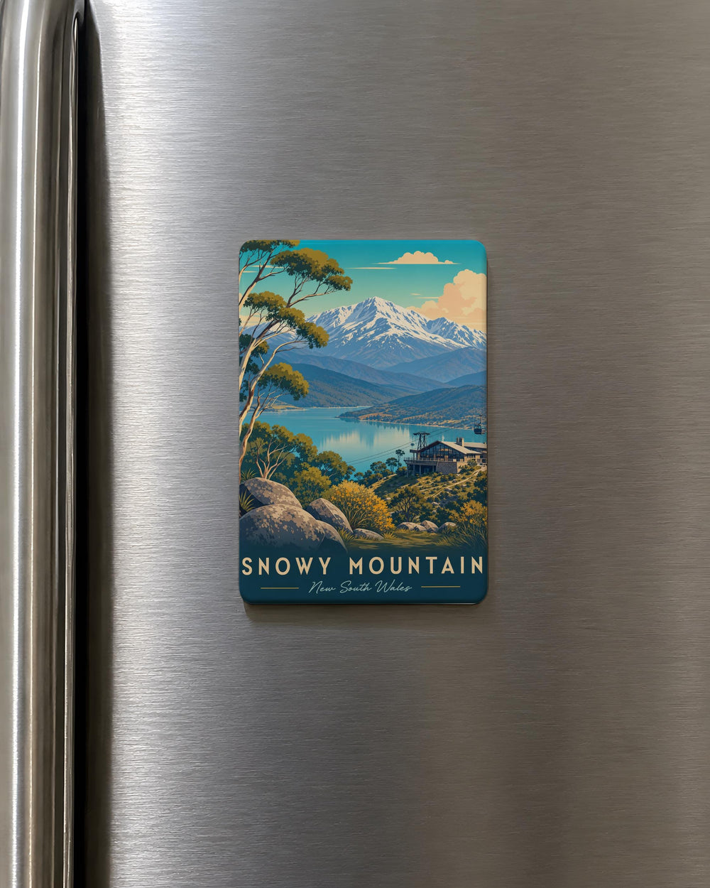 Snowy Mountain Fridge Magnet, Winter Peak Landscape Magnet, Alpine Mountain Souvenir Magnet, Cabin and Pine Trees Magnet