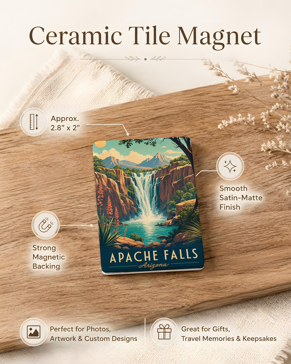 Apache Falls Fridge Magnet, Arizona Waterfall Souvenir, White Mountains Nature Landmark Keepsake Magnet