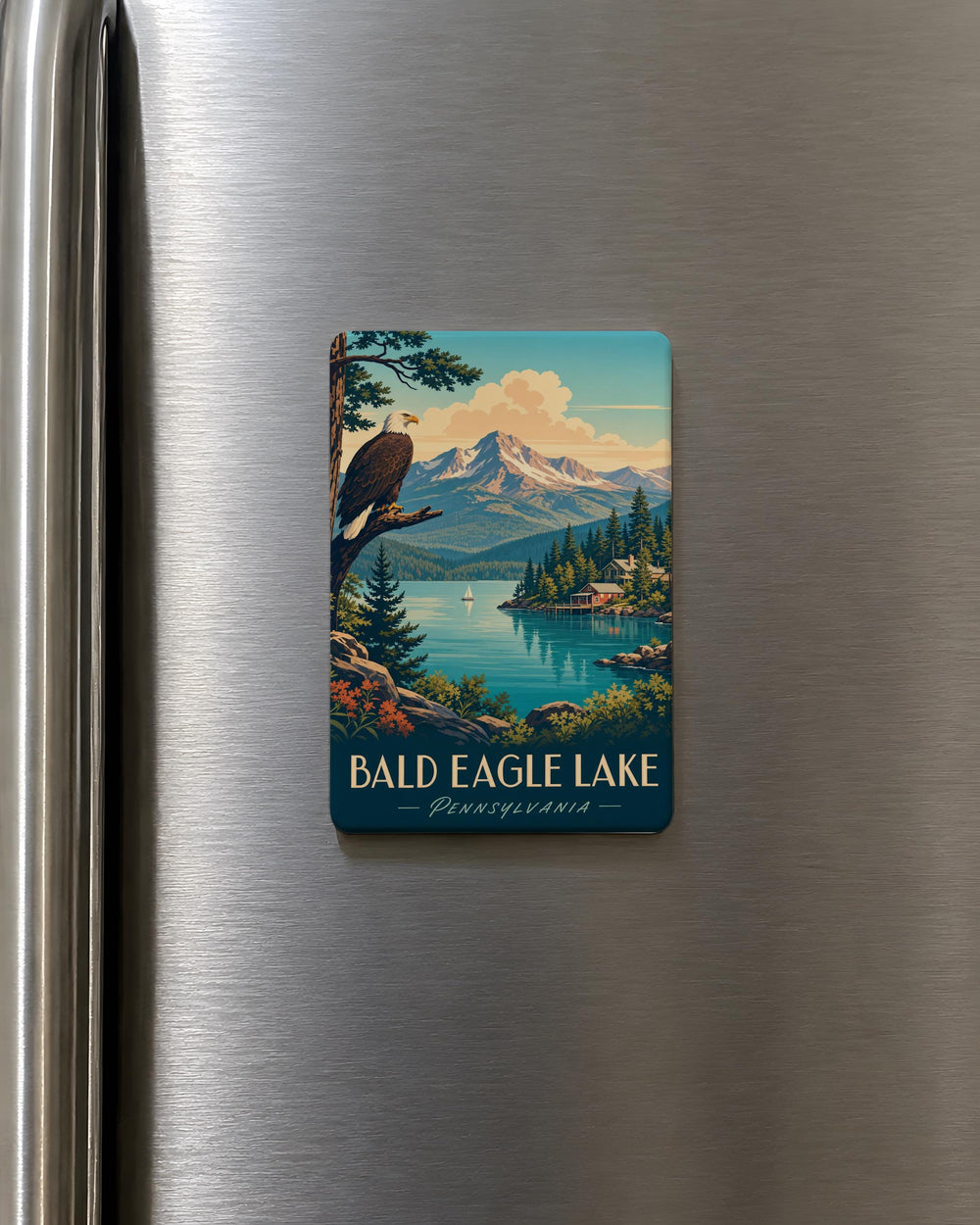 Bald Eagle Lake Fridge Magnet, Bald Eagle on Lakeside Nature Scene Magnet, Wildlife Lake Souvenir Magnet, Cabin Lake Decor Magnet