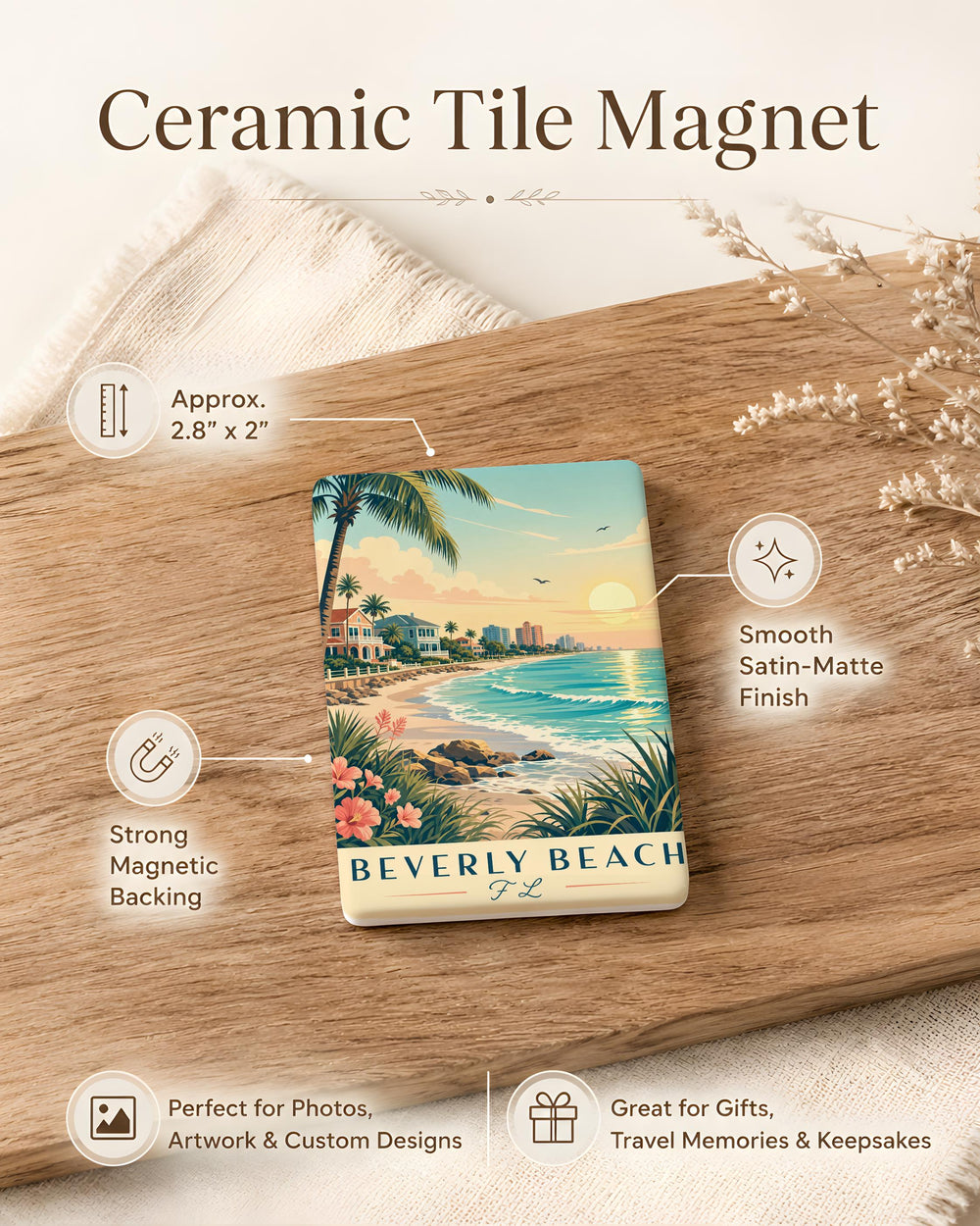 Beverly Beach FL Fridge Magnet, Florida Beach Souvenir Magnet, Beverly Beach Florida Travel Gift, Coastal Vacation Keepsake