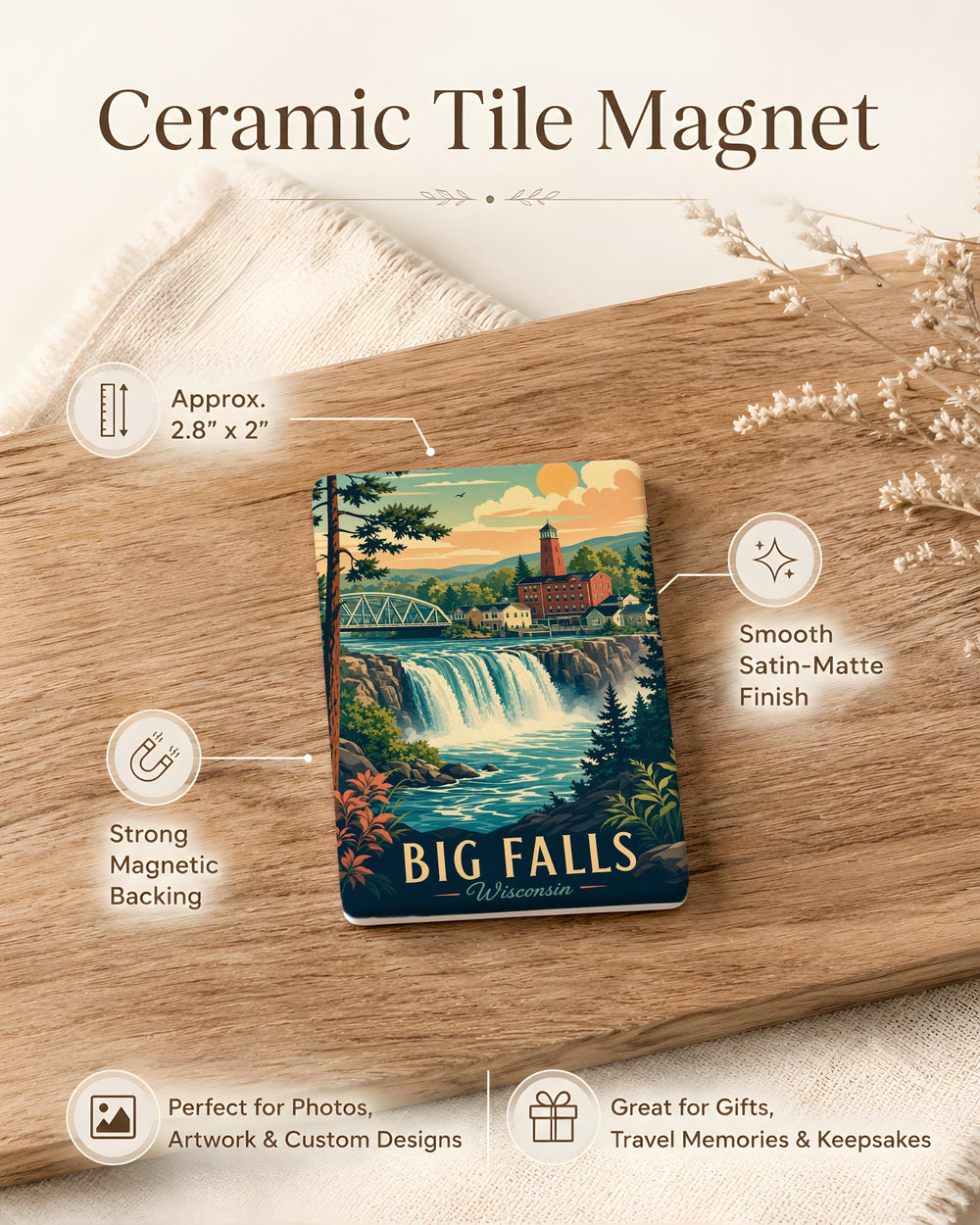 Big Falls Wisconsin Fridge Magnet, Big Falls WI Souvenir Magnet, Wisconsin Travel Gift, Waterfall Town Keepsake Magnet