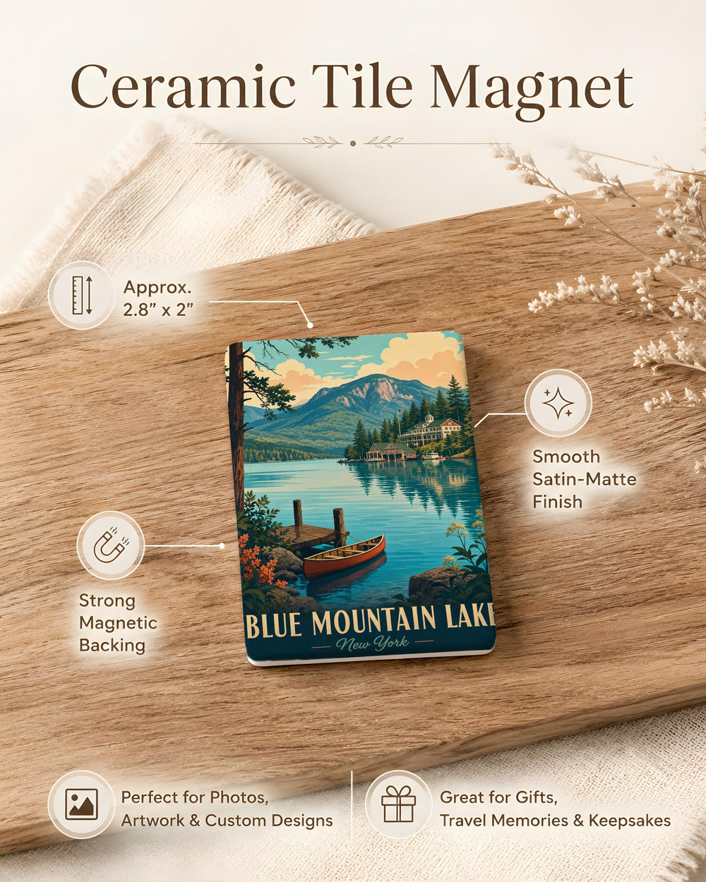 Blue Mountain Lake Fridge Magnet, Mountain Lake Landscape Souvenir, Cabin Retreat Nature Scene Magnet, Adirondack Gift