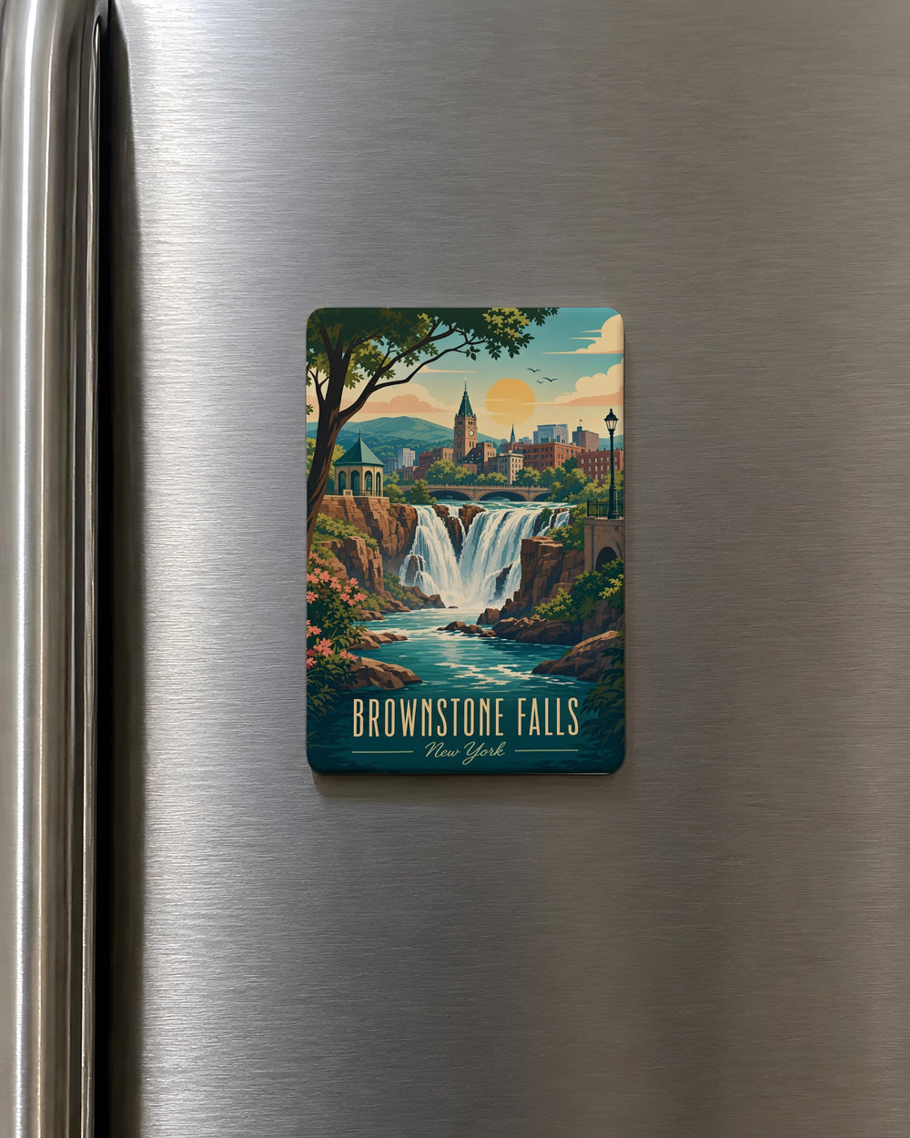 Brownstone Falls Fridge Magnet, Waterfall Nature Scene Souvenir Magnet, Scenic Travel Keepsake Kitchen Magnet