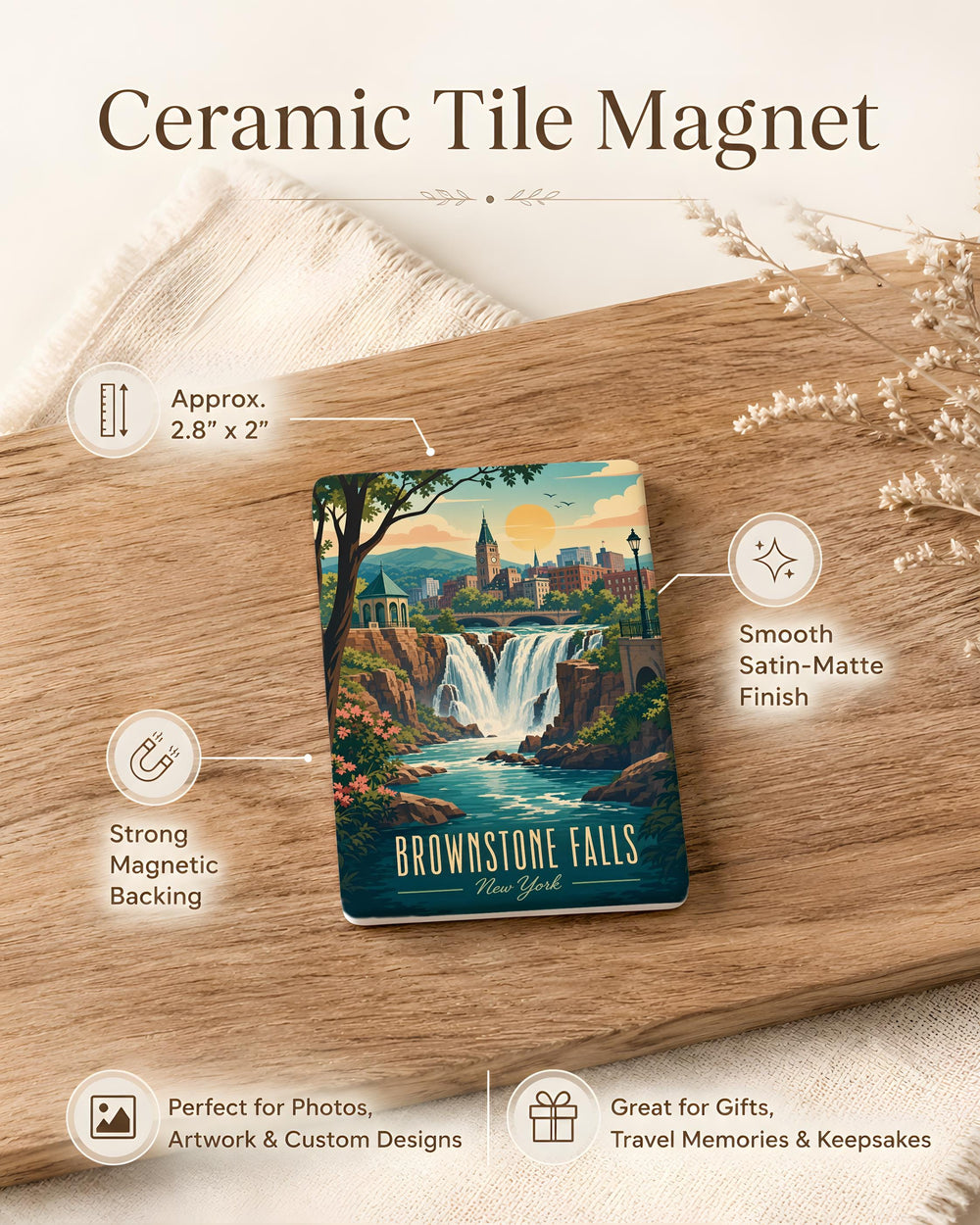 Brownstone Falls Fridge Magnet, Waterfall Nature Scene Souvenir Magnet, Scenic Travel Keepsake Kitchen Magnet