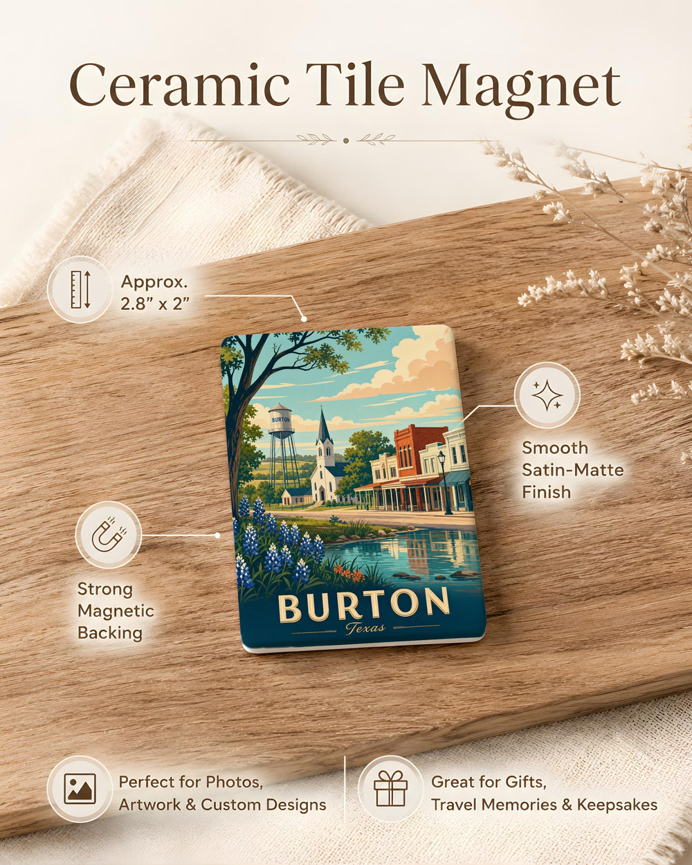 Burton TX Fridge Magnet, Burton Texas Souvenir Magnet, Washington County Travel Gift, Texas Small Town Keepsake Magnet