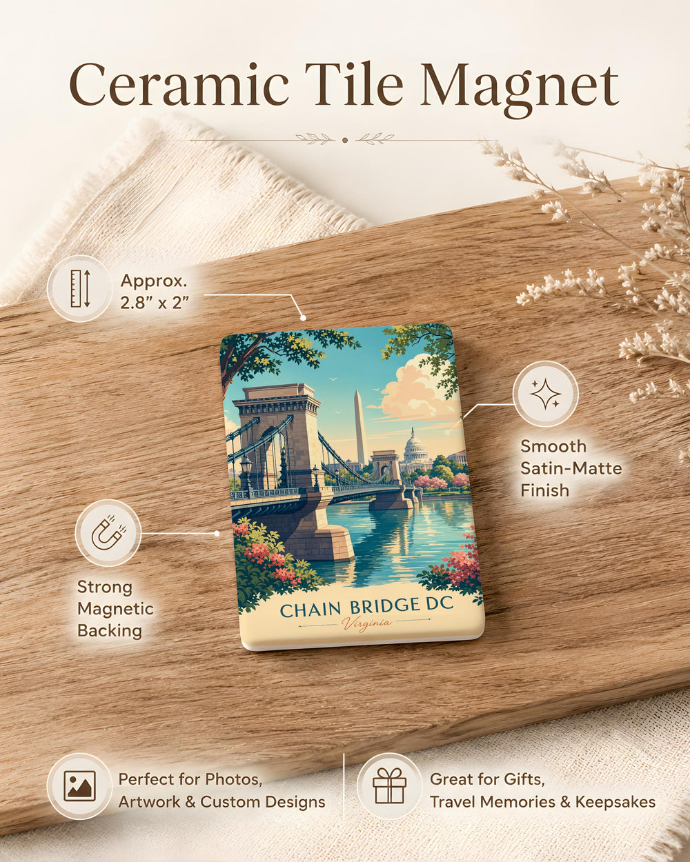 Chain Bridge Washington DC Fridge Magnet, Potomac River Landmark Souvenir Magnet, Georgetown DC Travel Gift