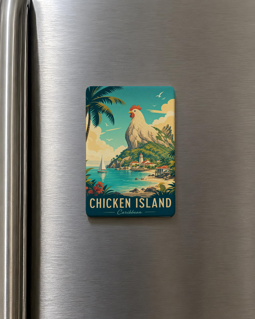 Chicken Island Fridge Magnet, Island Chicken Theme, Farmyard Chicken on Island Souvenir Magnet, Kitchen Refrigerator Decor
