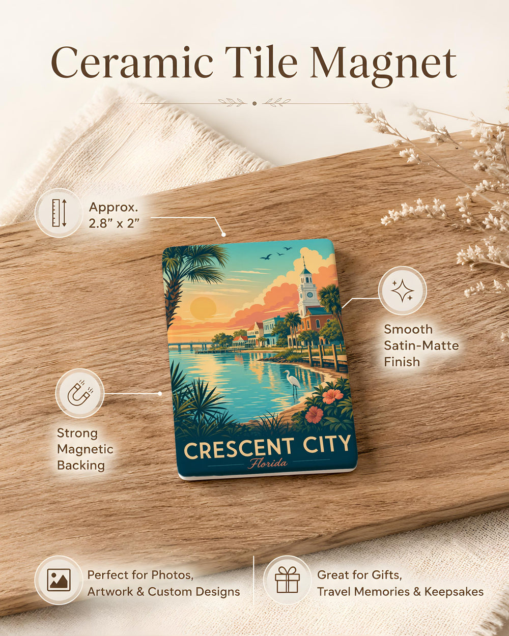 Crescent City FL Fridge Magnet, Florida Travel Souvenir Magnet, Crescent City Florida Landmark Keepsake Magnet