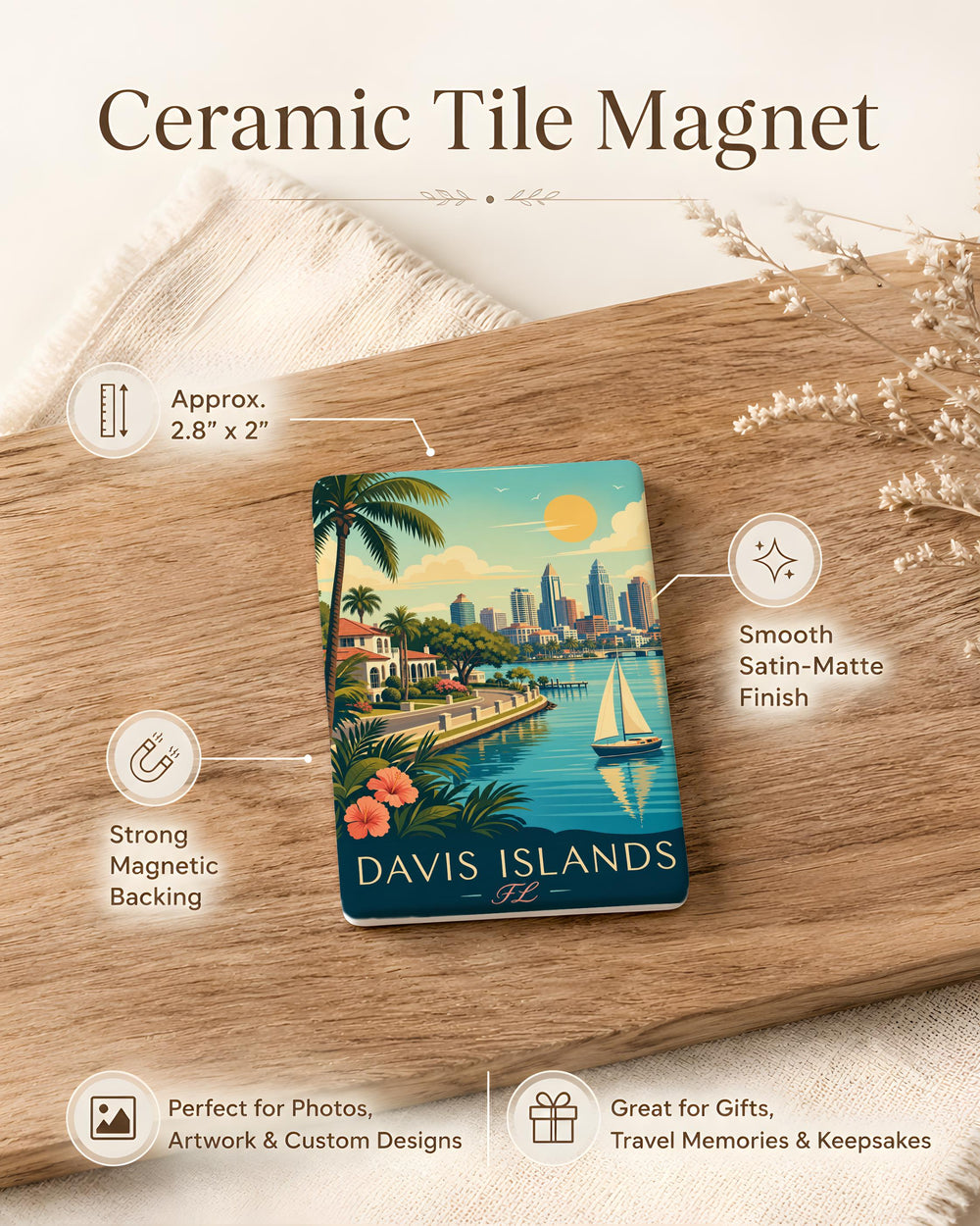 Davis Islands FL Fridge Magnet, Davis Islands Florida Souvenir Magnet, Tampa Bay Neighborhood Travel Keepsake Magnet