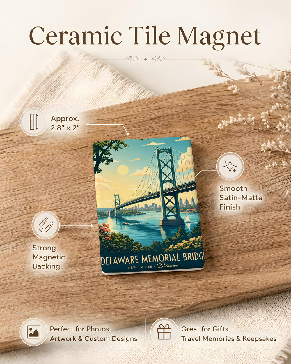 Delaware Memorial Bridge Fridge Magnet, Delaware River Suspension Bridge Souvenir, Wilmington DE Landmark Travel Gift