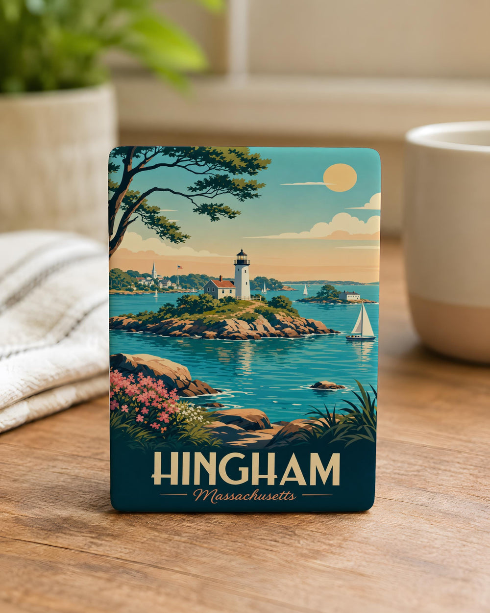 Hingham Harbor Islands Fridge Magnet, Hingham Massachusetts Coastal Harbor and Island Scene Souvenir Magnet