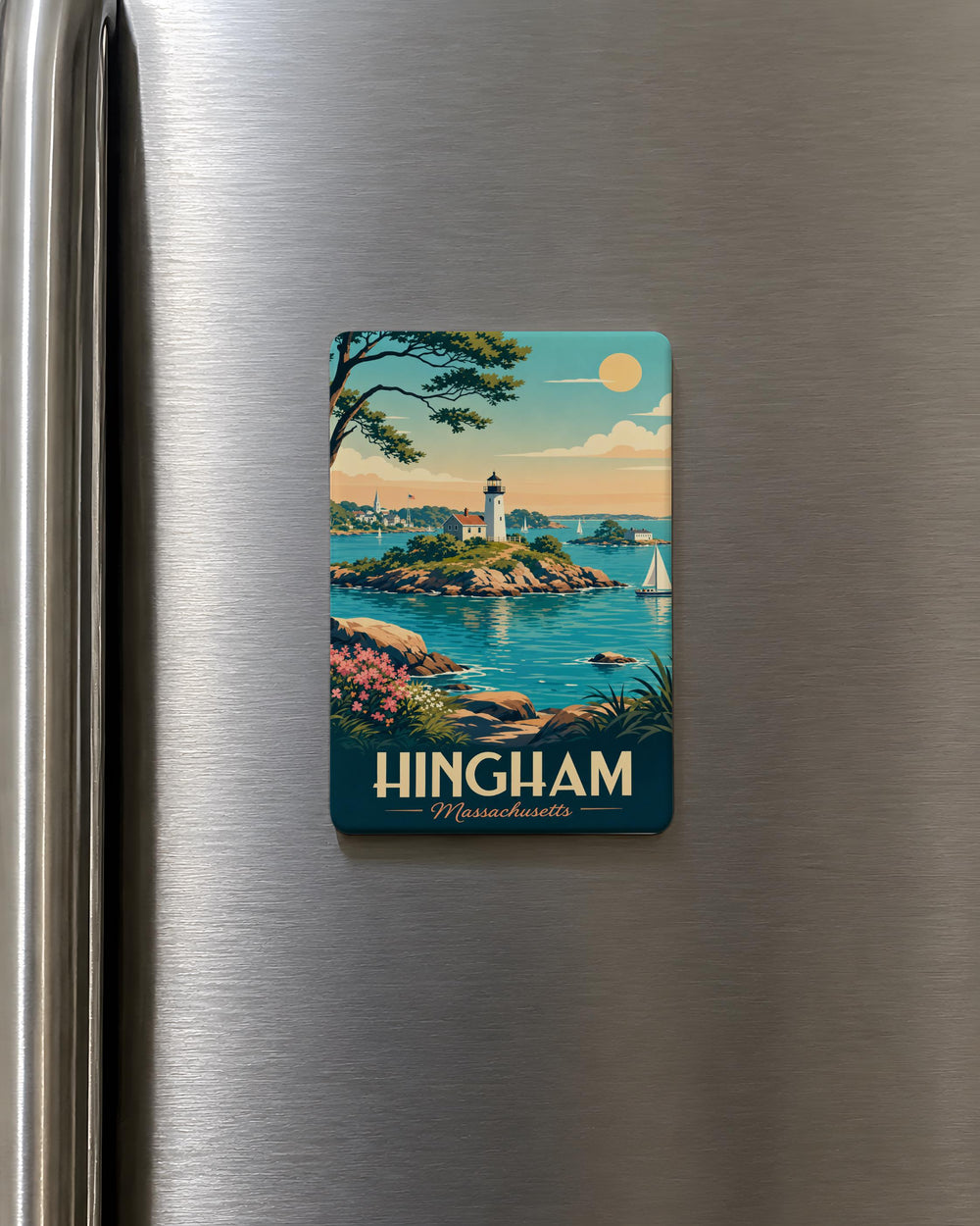 Hingham Harbor Islands Fridge Magnet, Hingham Massachusetts Coastal Harbor and Island Scene Souvenir Magnet