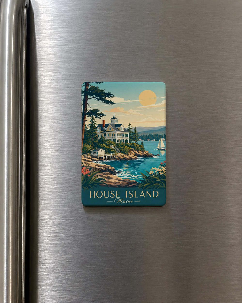 House Island Fridge Magnet, Island House Coastal Landmark Souvenir Magnet, Ocean Island Home Refrigerator Magnet