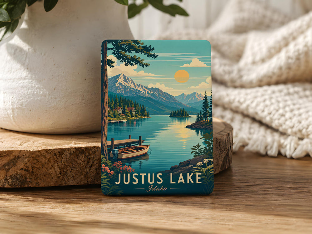 Justus Lake Fridge Magnet, Lake Landscape Souvenir Magnet, Nature Scenery Kitchen Magnet, Lakeside Travel Gift