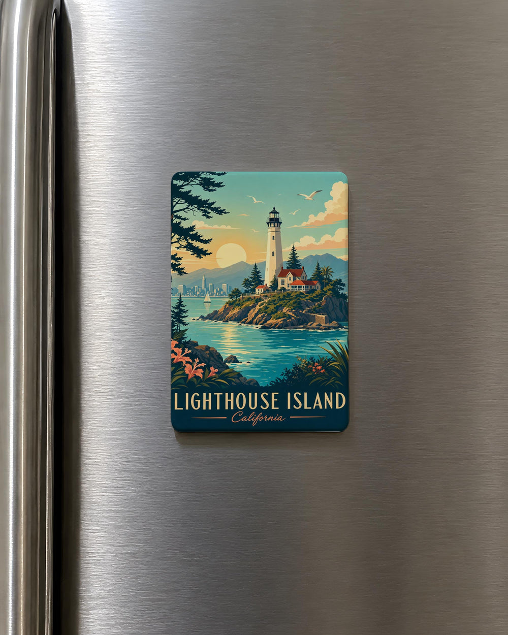 Lighthouse Island Fridge Magnet, Coastal Lighthouse on Island Souvenir Magnet, Seaside Ocean Landmark Decor Magnet