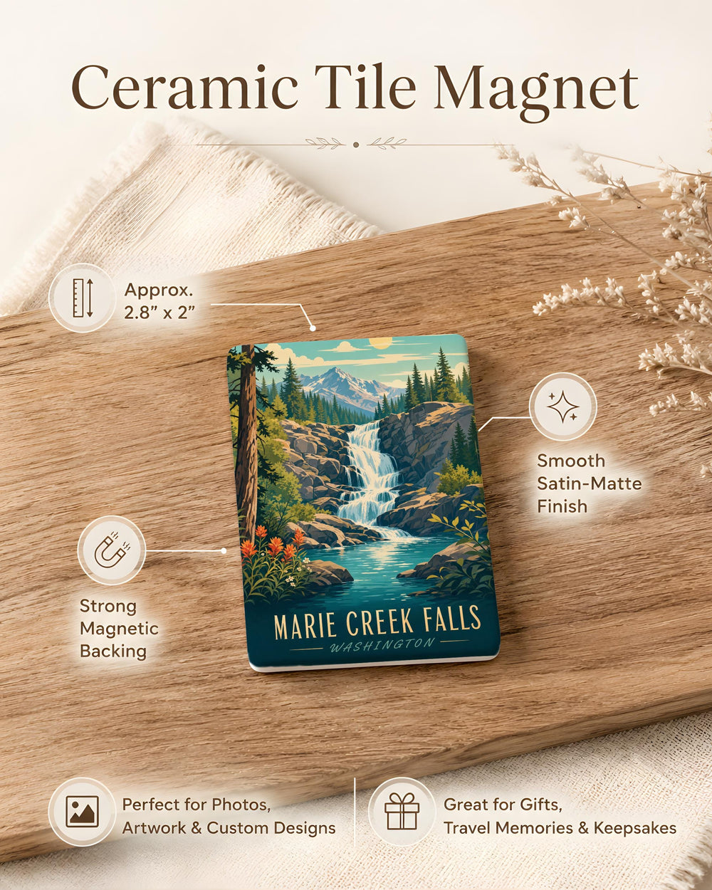 Marie Creek Falls Fridge Magnet, Waterfall Nature Scenery Souvenir Magnet, Hiking Trail Travel Keepsake Gift