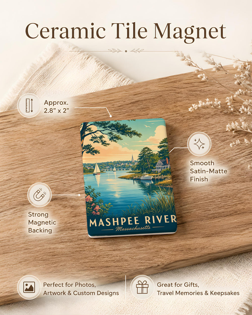 Mashpee River Fridge Magnet, Mashpee Massachusetts River Souvenir, Cape Cod Travel Gift, Coastal River Landmark Magnet
