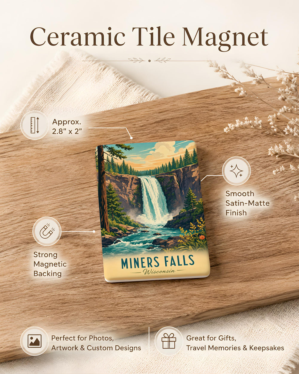 Miners Falls Fridge Magnet, Waterfall Nature Scene Souvenir, Michigan Upper Peninsula Travel Keepsake Gift