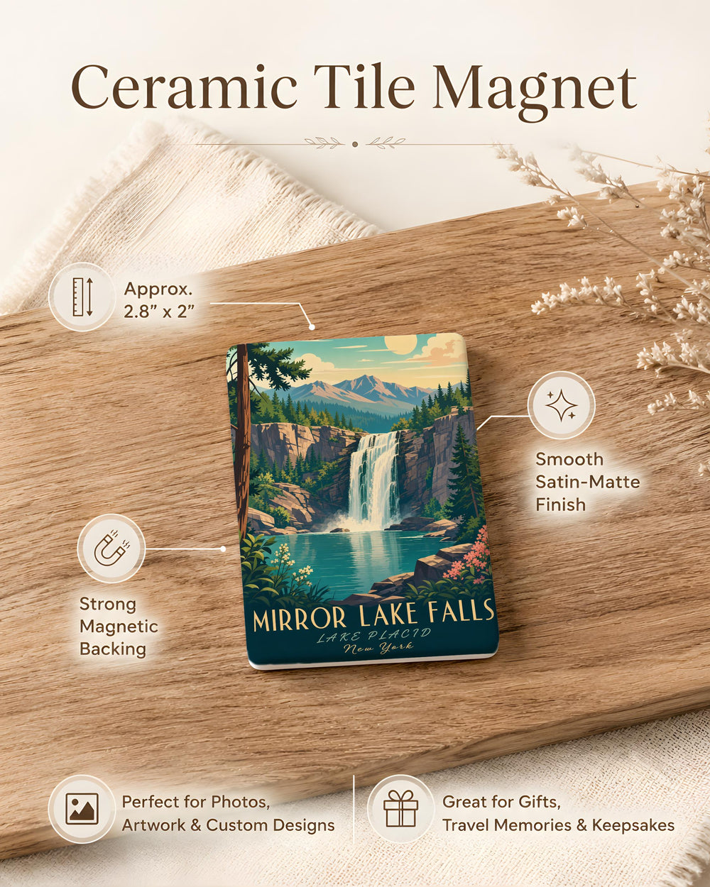 Mirror Lake Falls Fridge Magnet, Waterfall and Mountain Lake Nature Souvenir Magnet, Outdoor Adventure Travel Gift