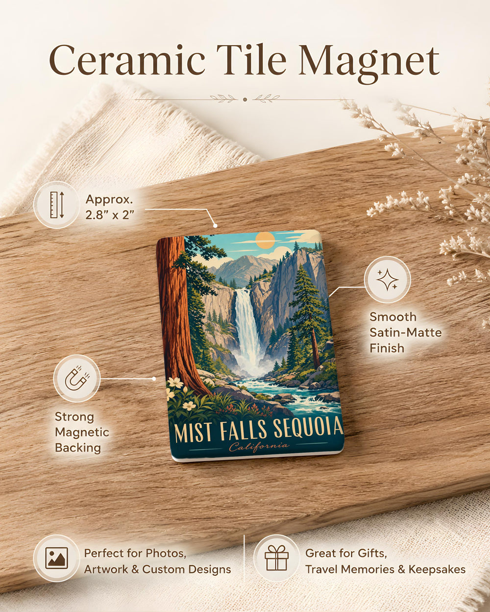 Mist Falls Sequoia National Park Fridge Magnet, Waterfall and Giant Sequoia Forest Souvenir Magnet