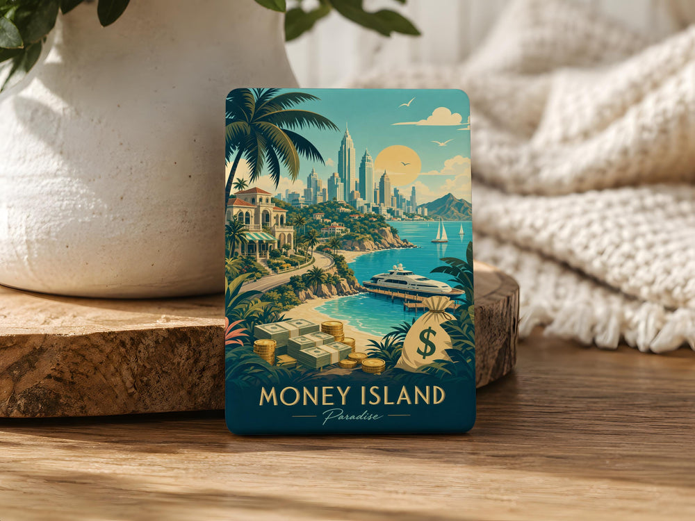 Money Island Fridge Magnet, Tropical Island Money Theme Magnet, Cash Treasure Island Souvenir Magnet, Island Wealth Gift
