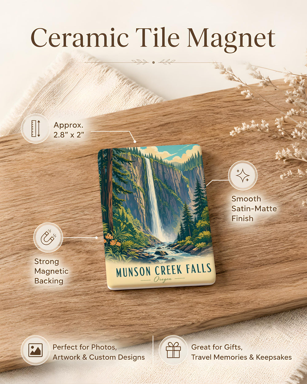 Munson Creek Falls Fridge Magnet, Oregon Waterfall Souvenir Magnet, Coastal Forest Trail Scenic Nature Magnet