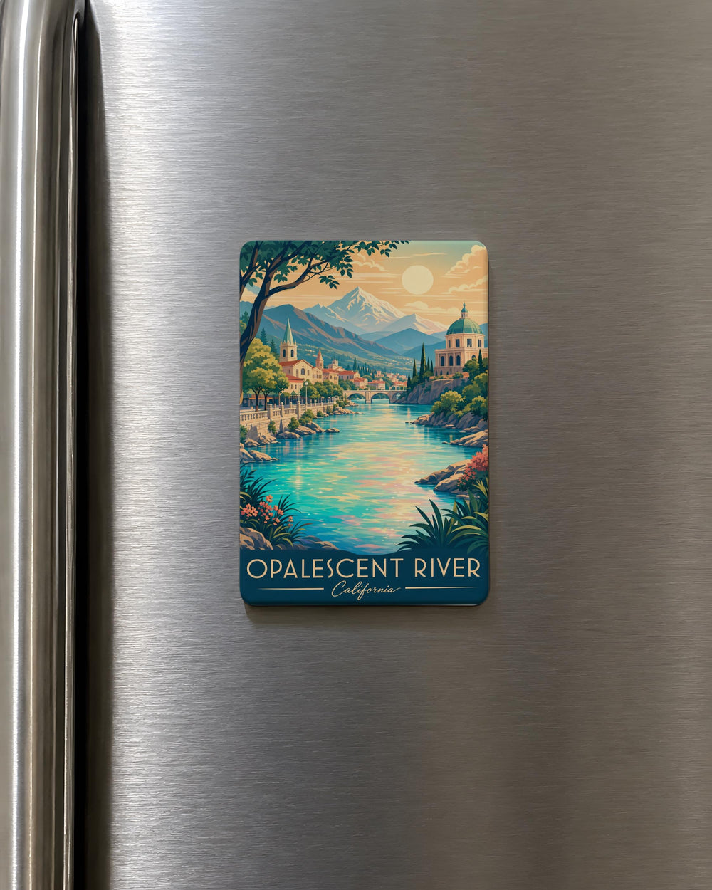 Opalescent River Fridge Magnet, Shimmering River Waterway Scene Souvenir Magnet, Nature Landscape Refrigerator Magnet