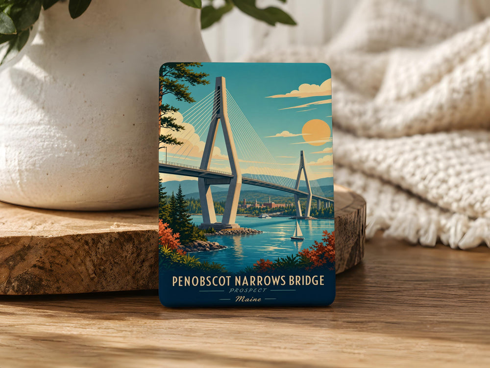 Penobscot Narrows Bridge Fridge Magnet, Maine Suspension Bridge Souvenir Magnet, Fort Knox State Park Landmark Magnet