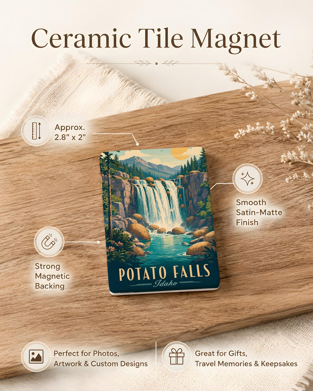 Potato Falls Fridge Magnet, Waterfall Nature Scenic Souvenir Magnet, Idaho Landmark Travel Keepsake Magnet