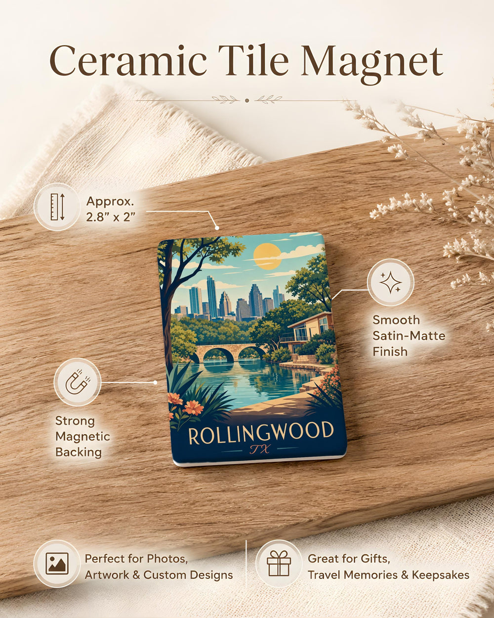 Rollingwood TX Fridge Magnet, Rollingwood Texas Souvenir Magnet, City Name Travel Keepsake Gift
