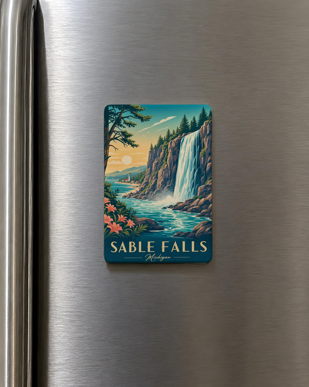 Sable Falls Fridge Magnet, Waterfall Scenic Souvenir Magnet, Michigan Upper Peninsula Travel Keepsake Magnet