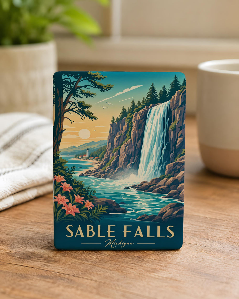 Sable Falls Fridge Magnet, Waterfall Scenic Souvenir Magnet, Michigan Upper Peninsula Travel Keepsake Magnet
