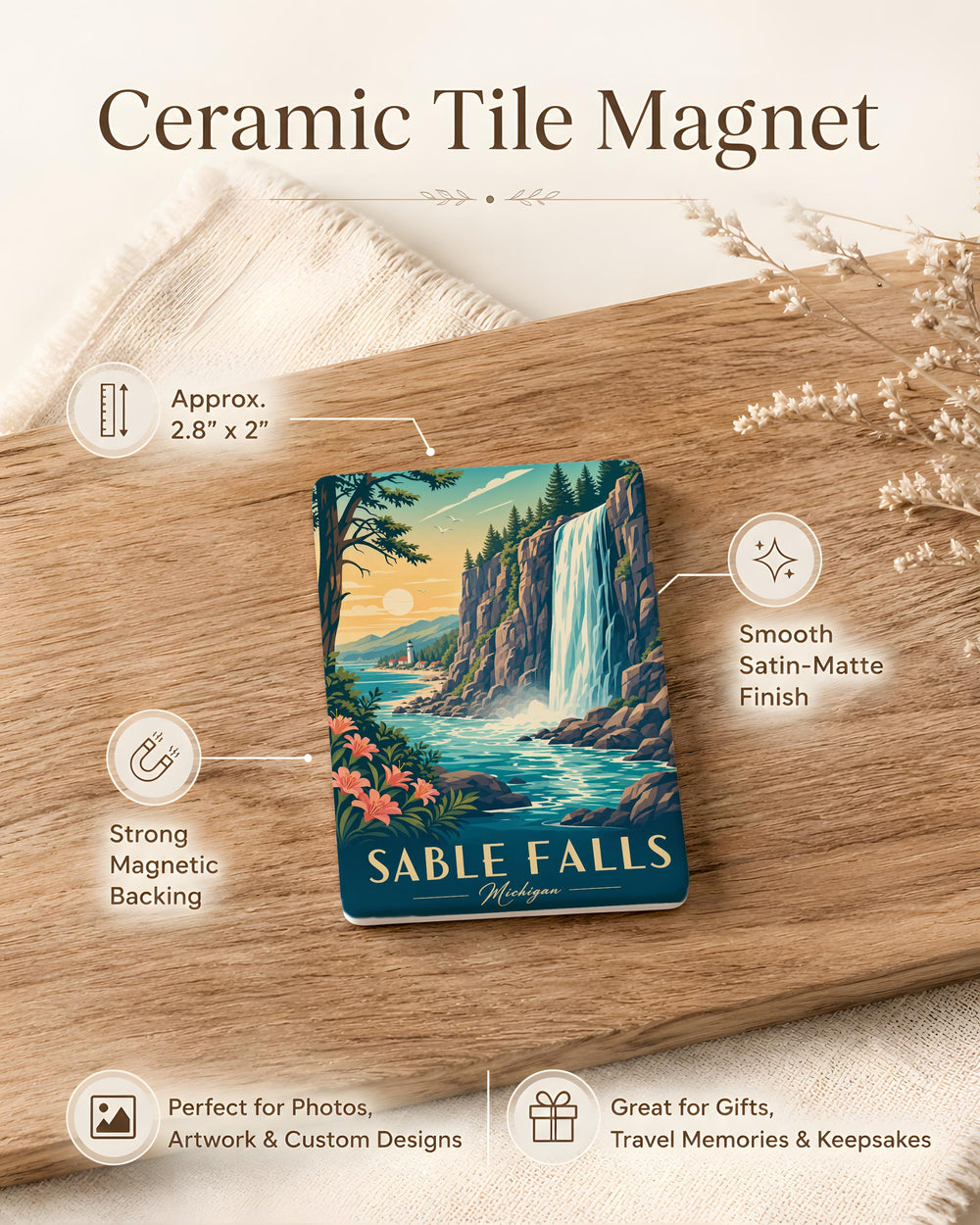Sable Falls Fridge Magnet, Waterfall Scenic Souvenir Magnet, Michigan Upper Peninsula Travel Keepsake Magnet