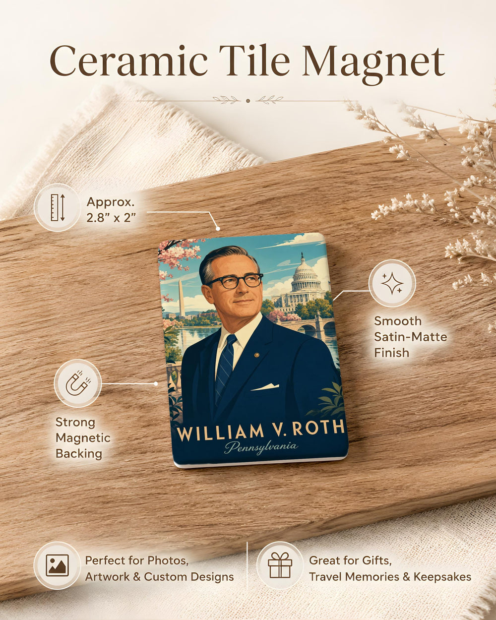 Senator William V Roth Fridge Magnet, Delaware Senator Political Tribute Magnet, US Government History Souvenir Magnet