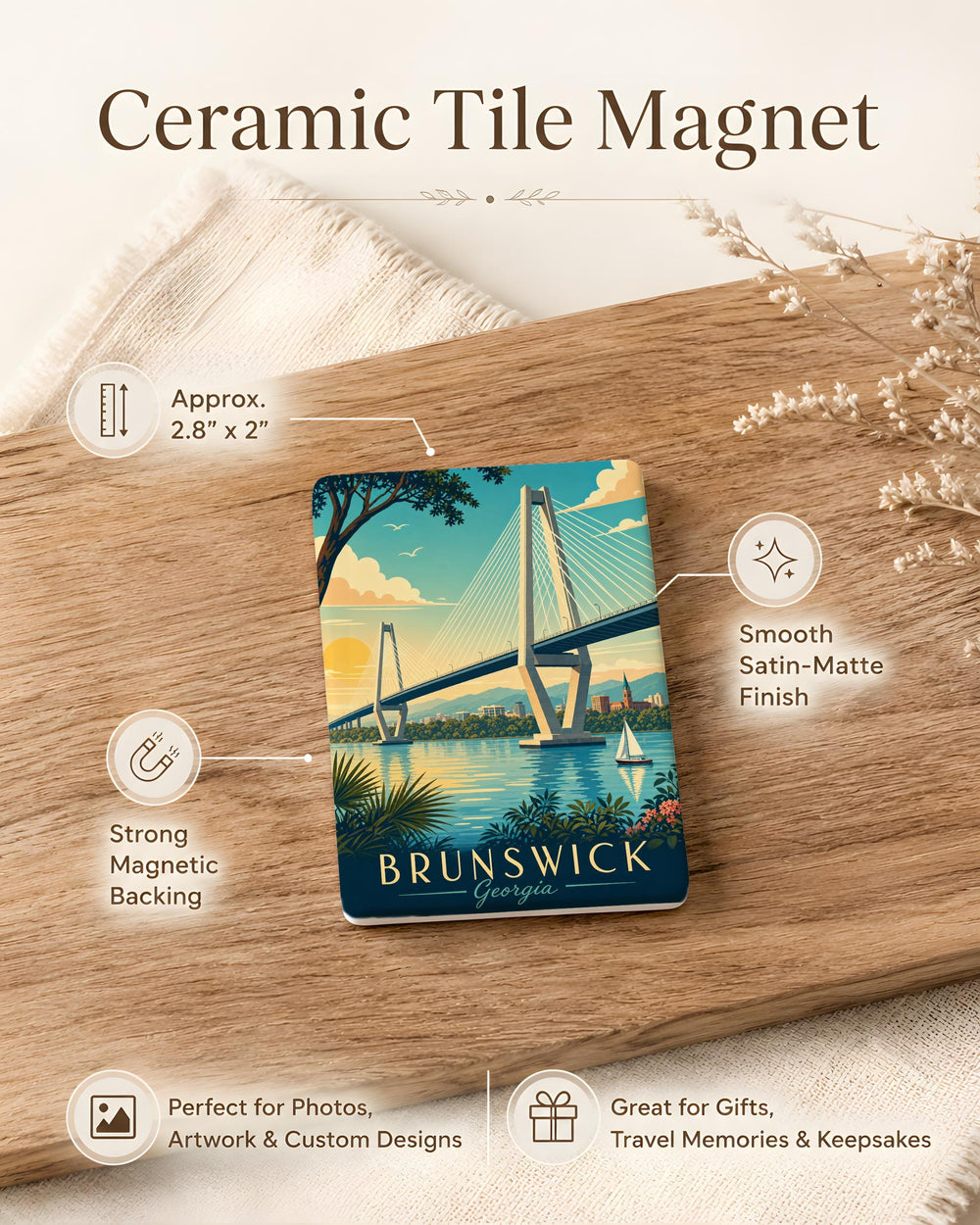 Sidney Lanier Bridge Fridge Magnet, Brunswick Georgia Landmark Souvenir, Coastal Bridge Travel Keepsake Magnet