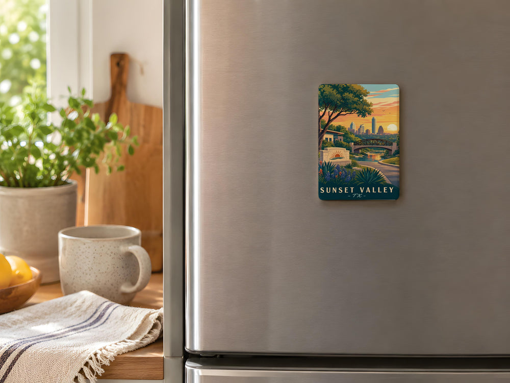 Sunset Valley TX Fridge Magnet, Sunset Valley Texas Souvenir Magnet, City Landmark Travel Keepsake Refrigerator Magnet