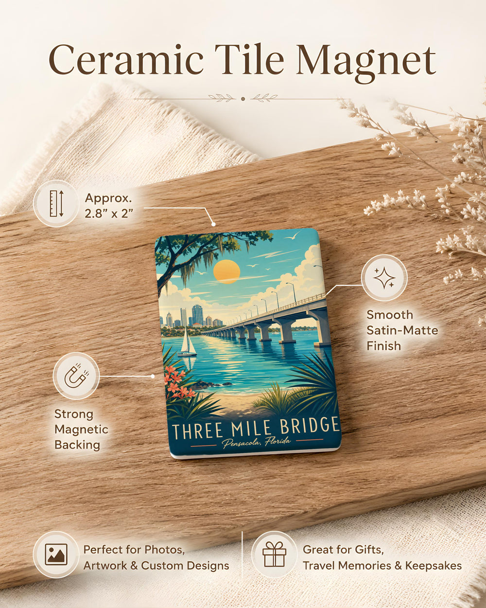 Three Mile Bridge Pensacola Fridge Magnet, Pensacola Bay Bridge Souvenir Magnet, Florida Coastal Landmark Magnet