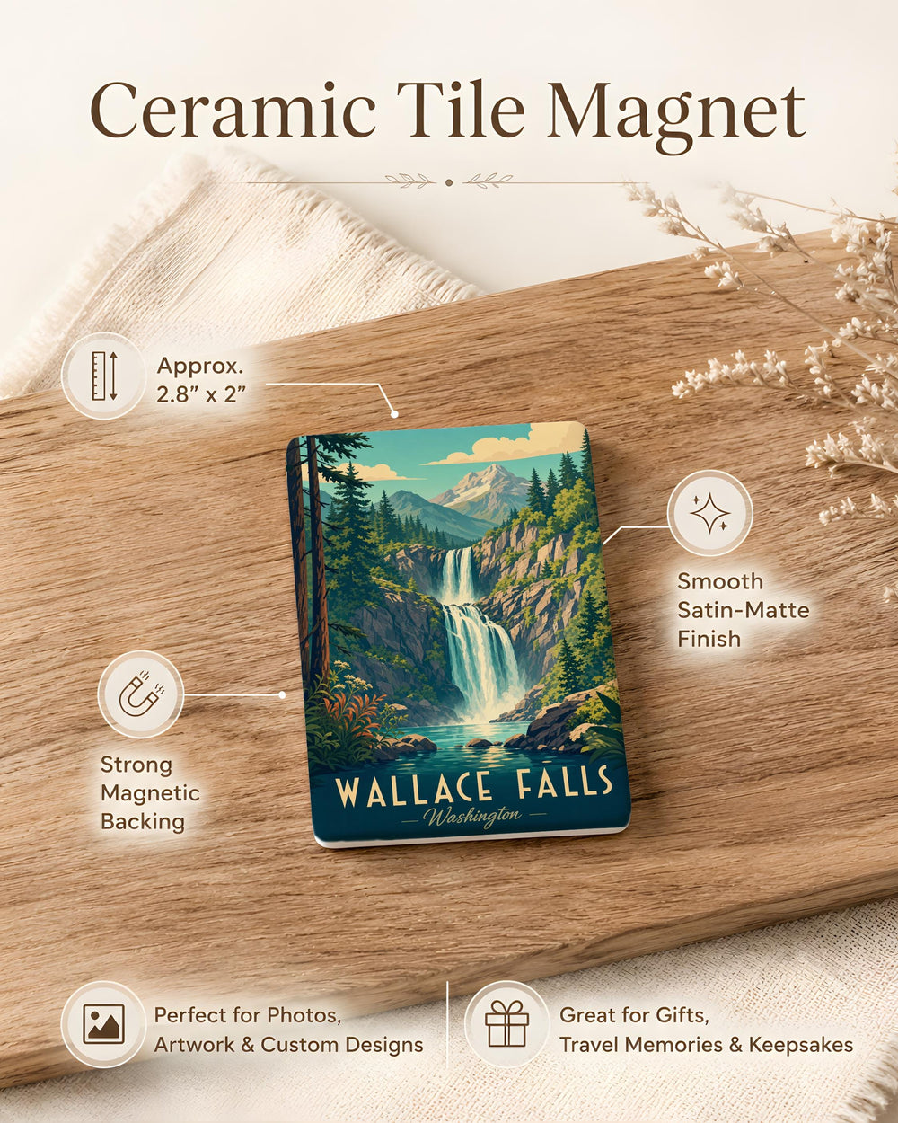 Wallace Falls Fridge Magnet, Washington Waterfall Souvenir, Pacific Northwest Nature Keepsake, Hiking Travel Gift