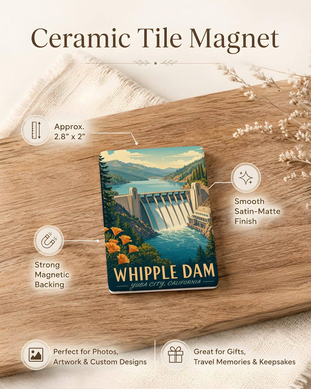 Whipple Dam Fridge Magnet, Whipple Dam Michigan Souvenir Magnet, Lake and Dam Landmark Refrigerator Magnet