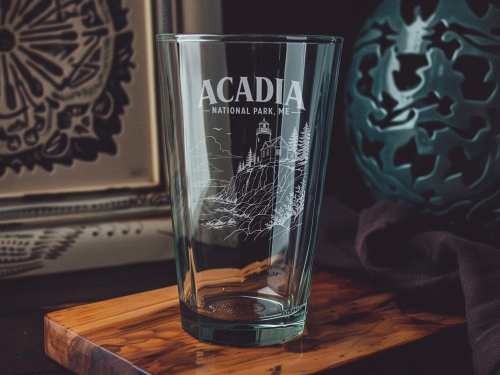 Acadia National Park Maine Pint Glass, Bar Harbor ME Souvenir Beer Glass, Mount Desert Island Drinking Glass Gift