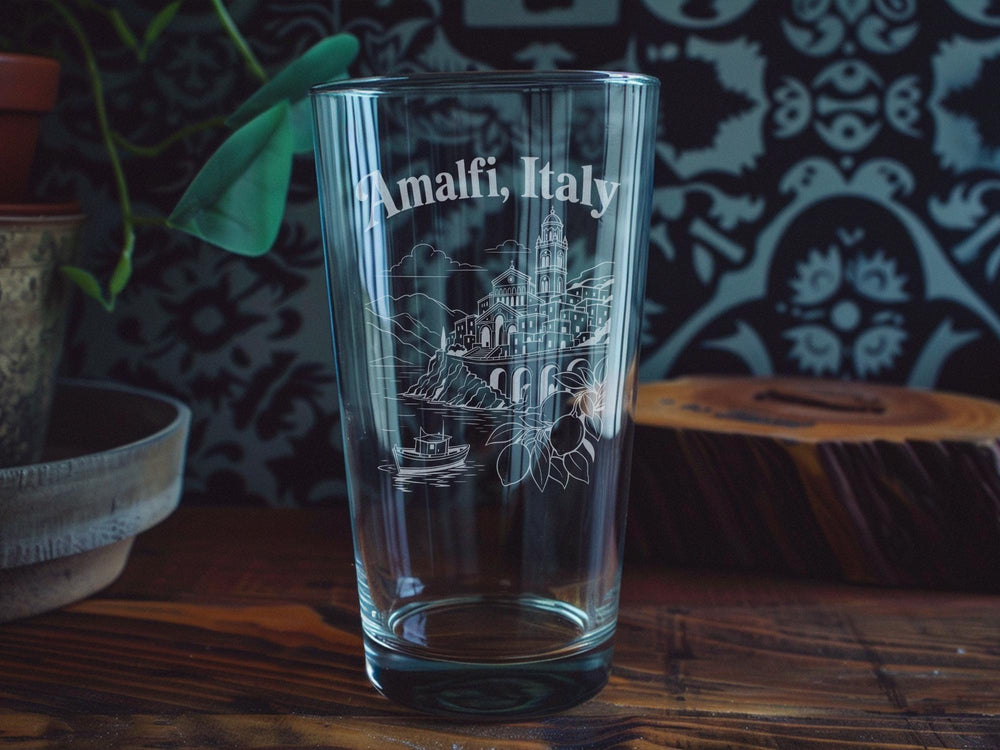 Amalfi Italy Pint Glass, Amalfi Coast Souvenir Beer Glass, Italy Travel Gift, Coastal Town Vacation Drinkware, Mediterranean Decor Glass