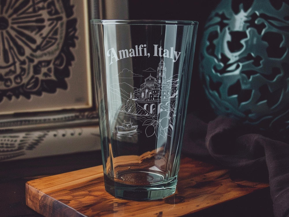 Amalfi Italy Pint Glass, Amalfi Coast Souvenir Beer Glass, Italy Travel Gift, Coastal Town Vacation Drinkware, Mediterranean Decor Glass