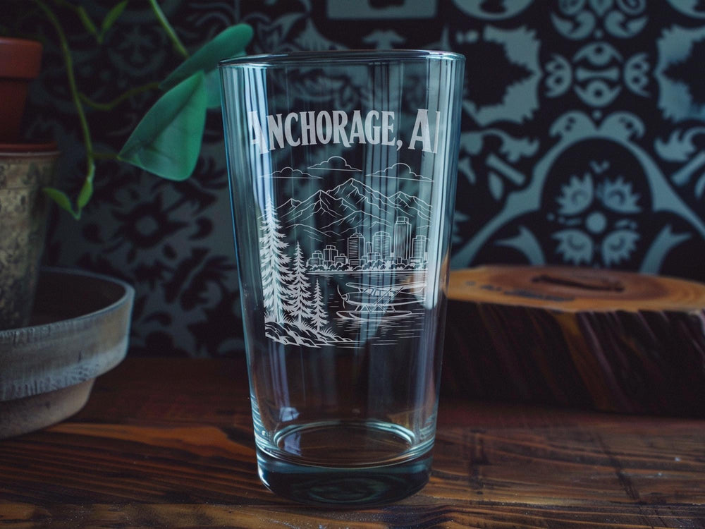 Anchorage Alaska Pint Glass, Anchorage AK Souvenir Beer Glass, Alaska Travel Gift, Anchorage Cityscape Drinkware