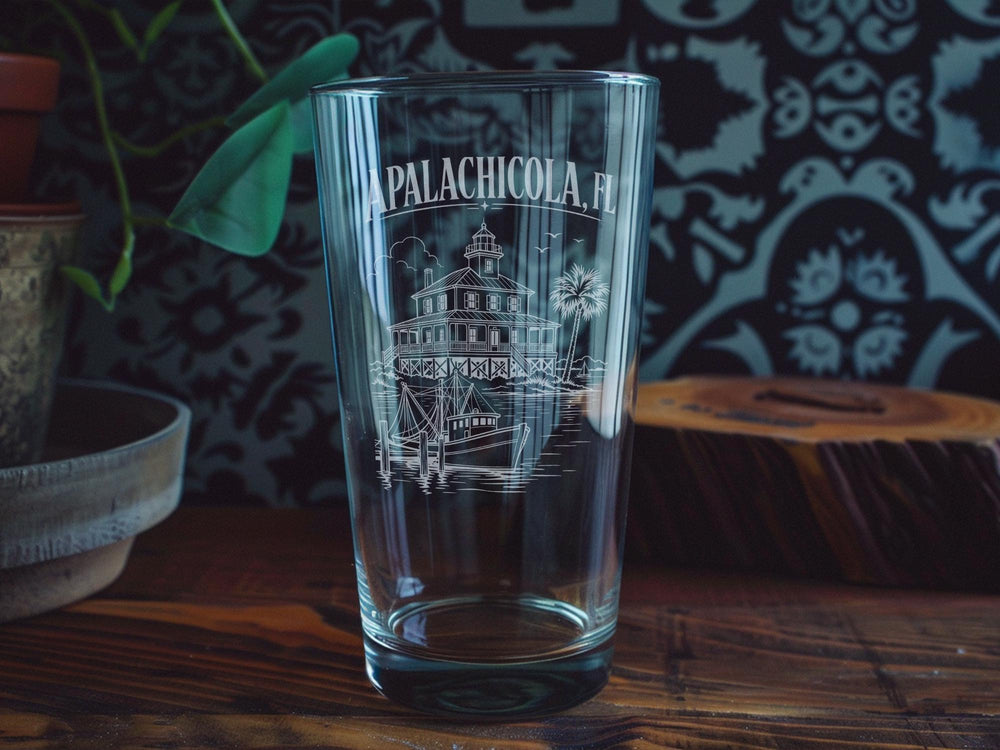 Apalachicola FL Pint Glass, Apalachicola Florida Souvenir Glass, Gulf Coast Travel Gift, Coastal Town Keepsake Drinkware