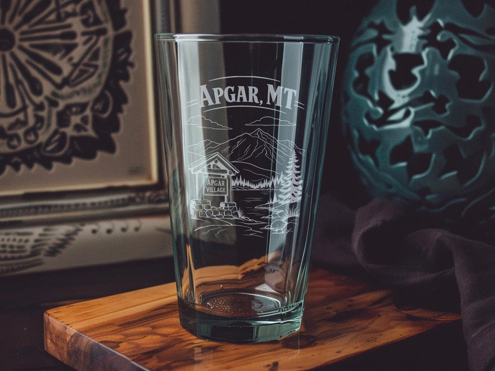 Apgar Montana Pint Glass, Apgar Village MT Souvenir Beer Glass, Glacier National Park Travel Gift Drinkware