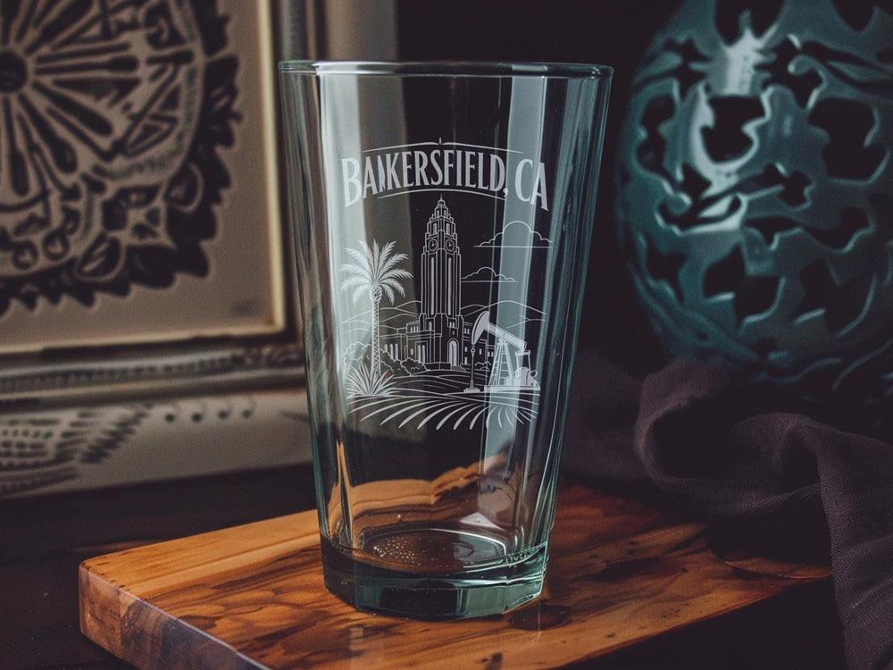 Bakersfield CA Pint Glass, Bakersfield California Souvenir Beer Glass, City Name Barware Gift, Travel Keepsake Drinkware