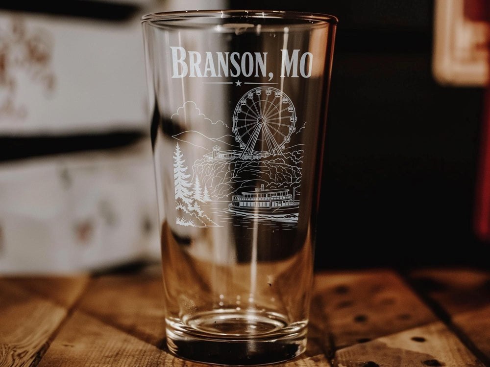 Branson MO Pint Glass, Branson Missouri Souvenir Drinking Glass, Ozarks Vacation Gift, Branson Travel Keepsake Glass, USA City Gift