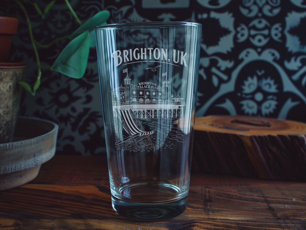 Brighton UK Pint Glass, Brighton Seaside Souvenir Beer Glass, Brighton Pier and Beach Pint Glass, England Coastal Pub Glass